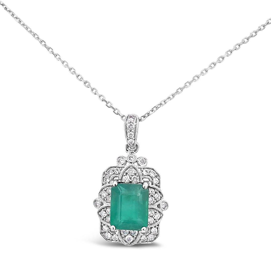 3.28ct Emerald and 0.45ctw Diamonds 18K White Gold Pendant and 18 inch 18K WG chain