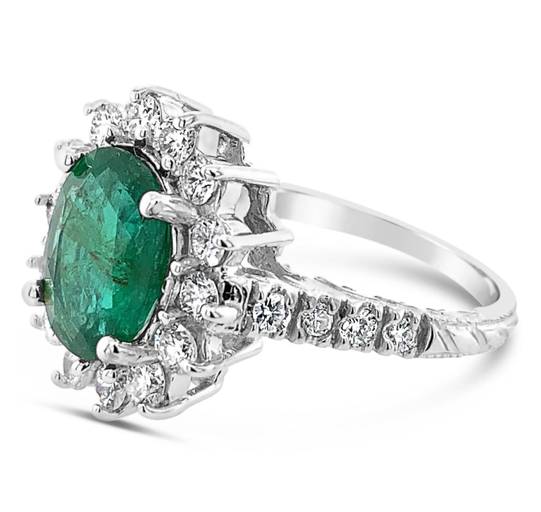 2.08 ct Natural Emerald with Diamonds with 18K White Gold Ring