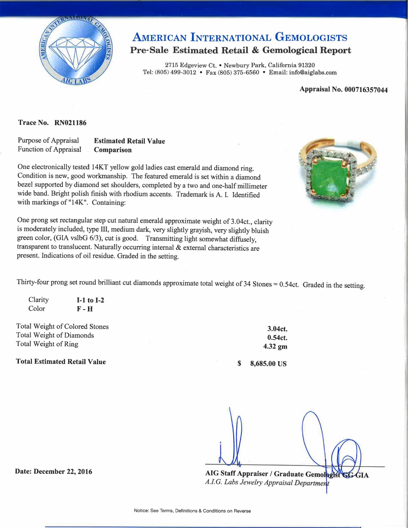 3.04ct Natural Emerald and 0.54ctw Diamon 14K Yellow Gold Ring 4.32 grams