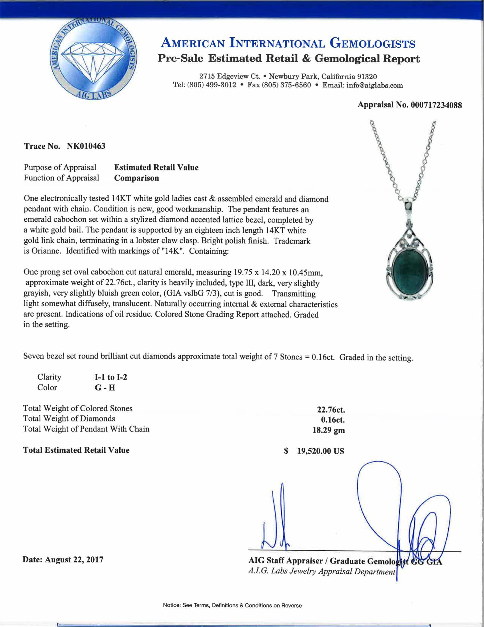 22.76ct. Natural Emerald and 0.16ctw Diamond 14K White Gold Pendant Necklace