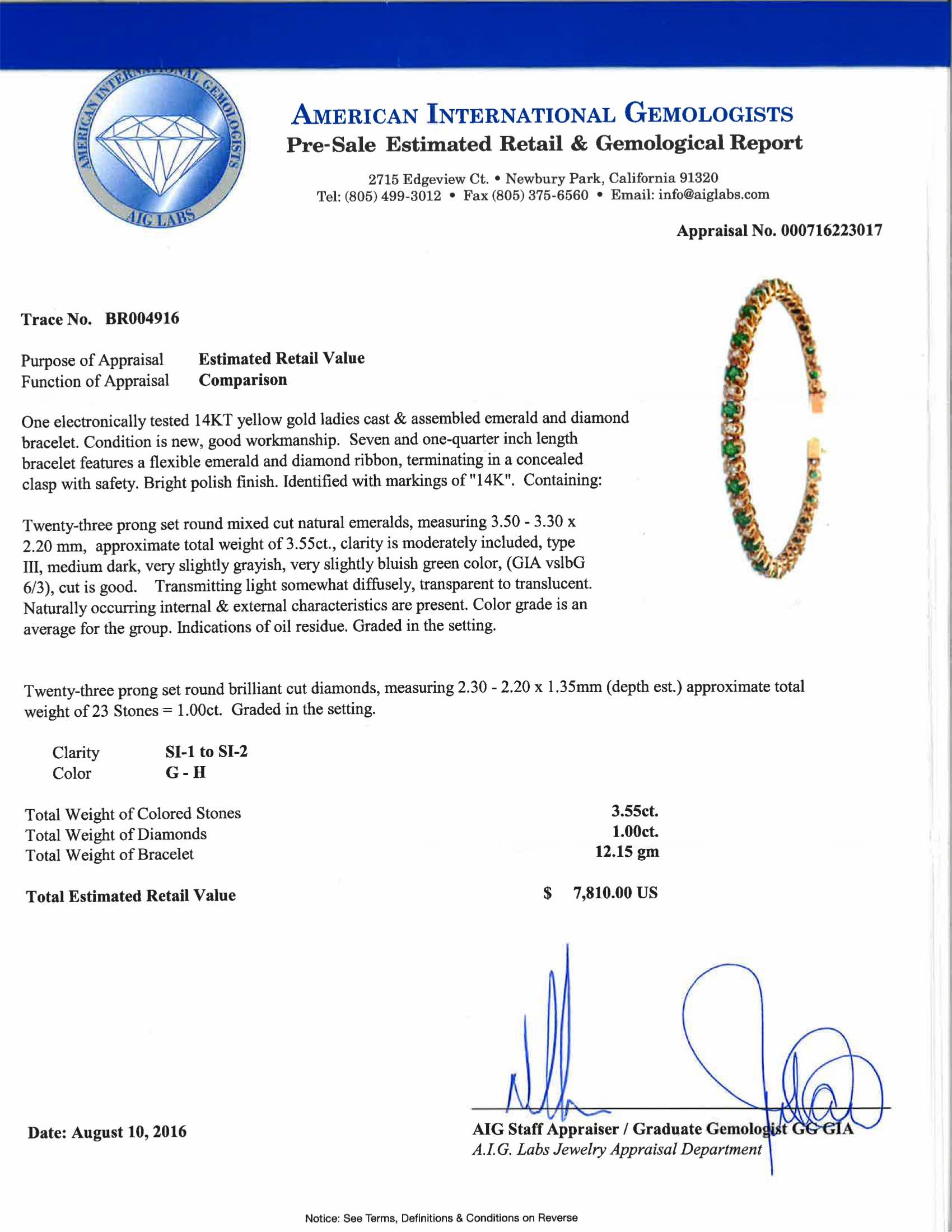 3.55ctw 23 Natural Emeralds 1.00 ct diamonds  Bracelet 14K Yellow Gold 12.5 gm