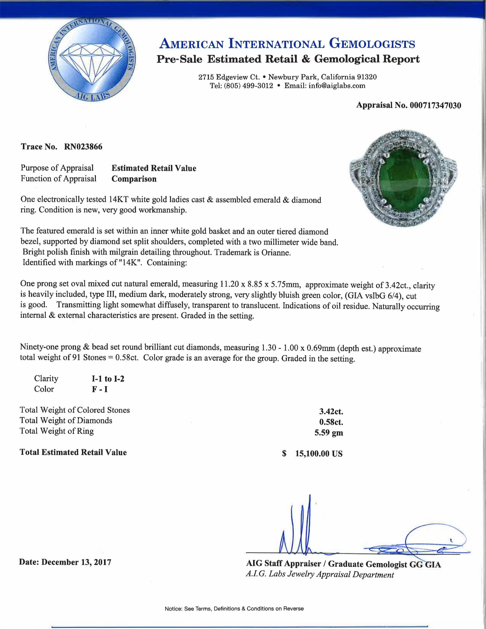 3.42ct Natural Emerald and 0.58ctw Diamond 14K White Gold Ring 5.59 grams