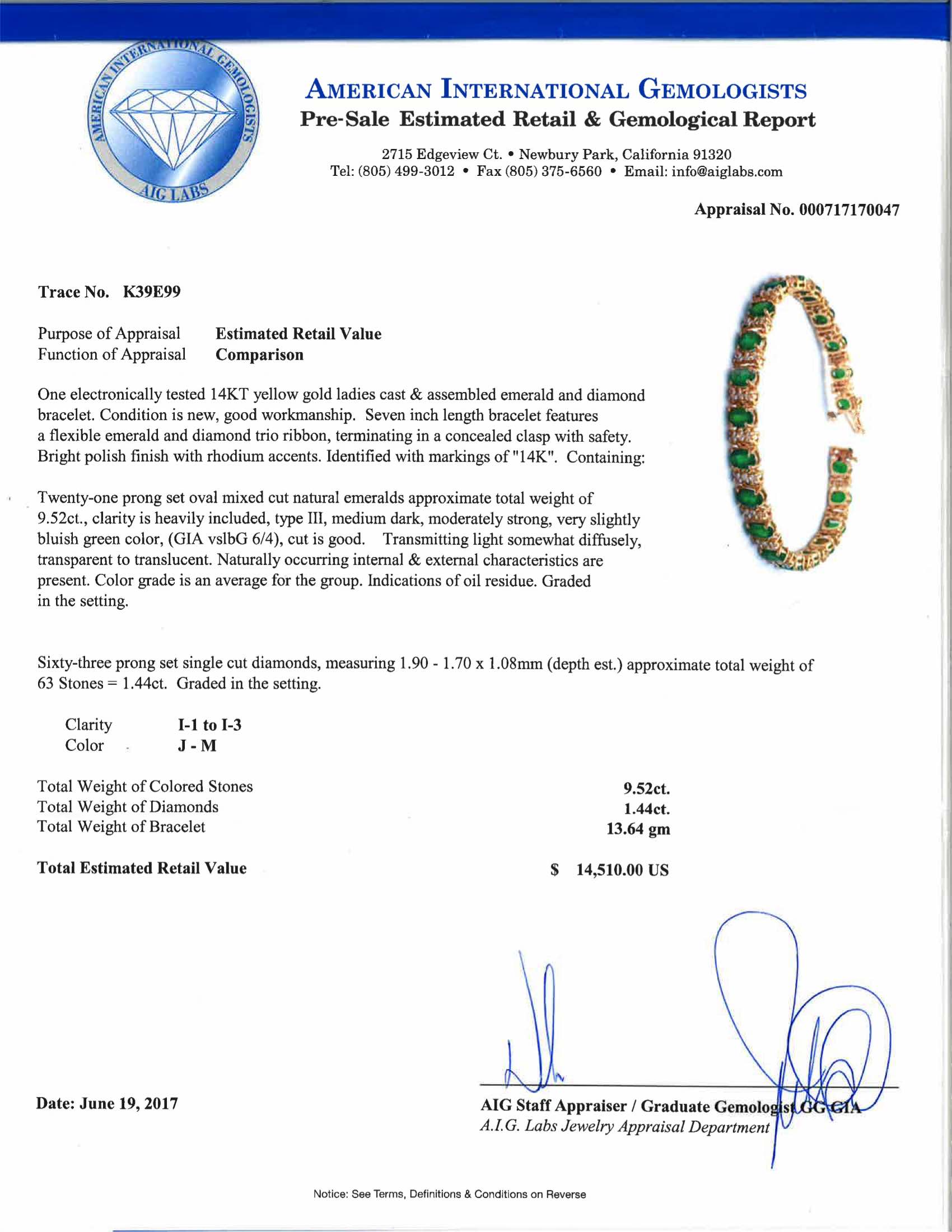 9.52ctw 21 Natural Emeralds and 1.44ctw Diamond 14KT Yellow Gold Bracelet 13.64 gm