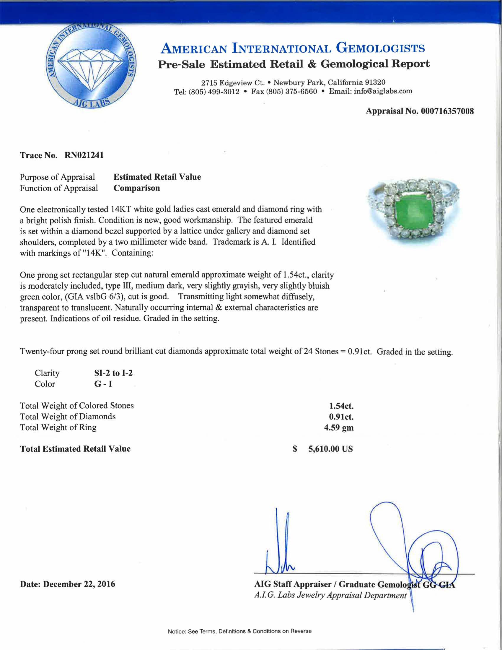 1.54ct Natural Emerald and 0.91ctw Diamond 14K White Gold Ring 4.59 gms