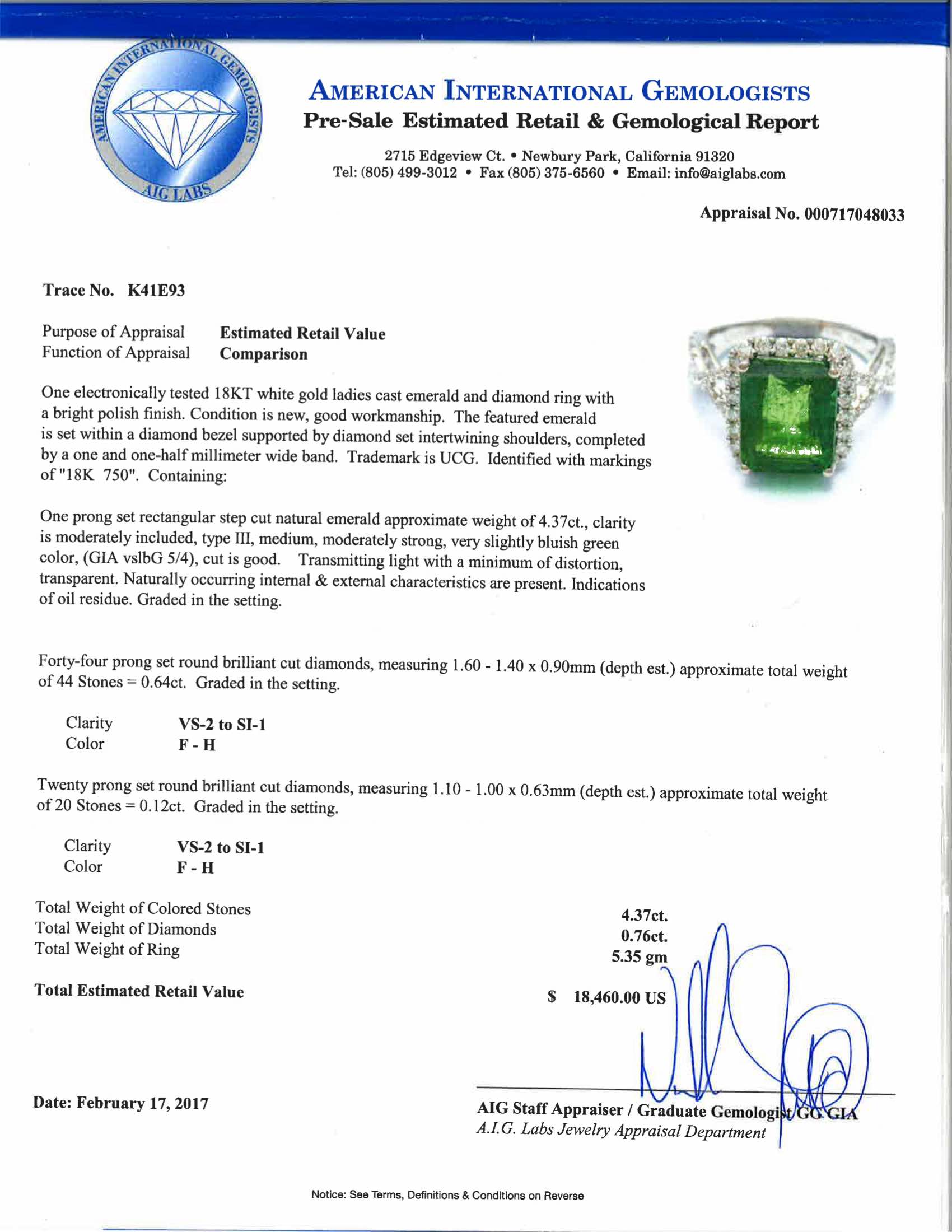 4.37 CT Natural Emerald with 0.76 ctw Diamonds and 18KT White Gold Ring 4.35 gm Incredible