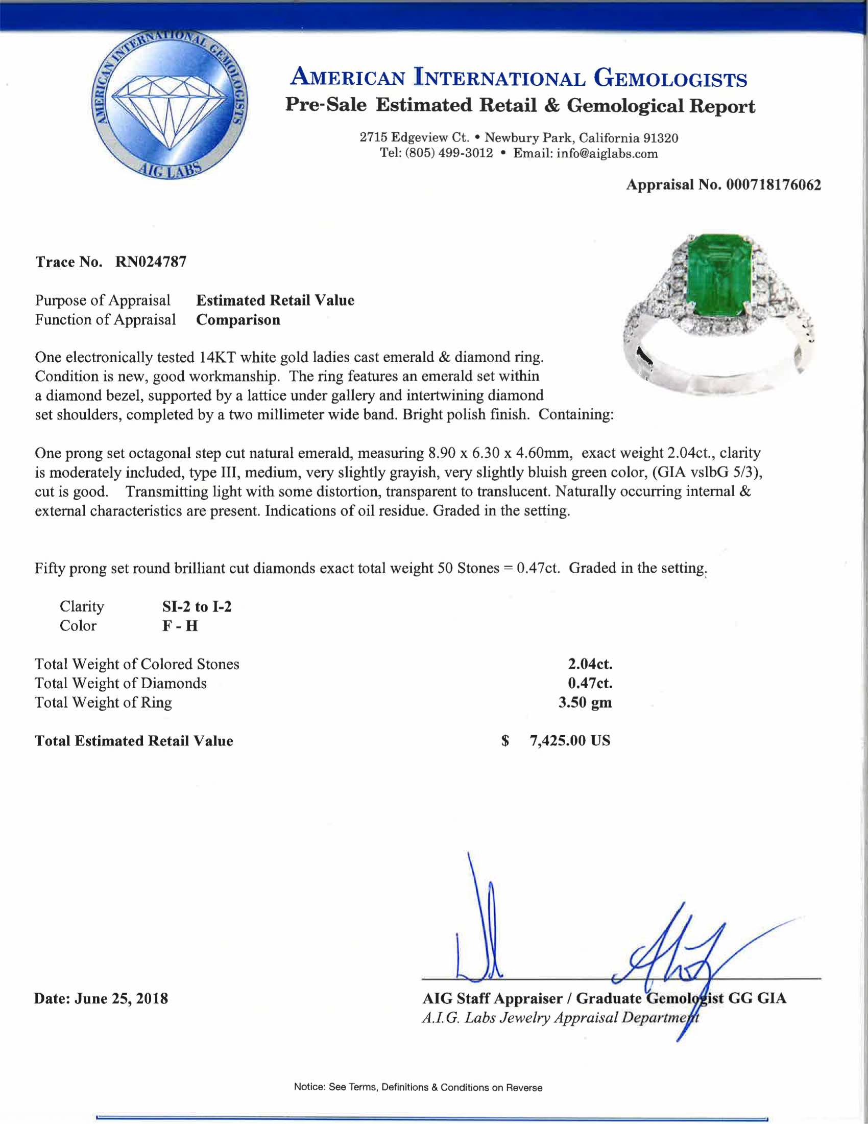 2.04ct Natural Emerald and 0.47ctw Diamond 14KT White Gold Ring 3.50 gm