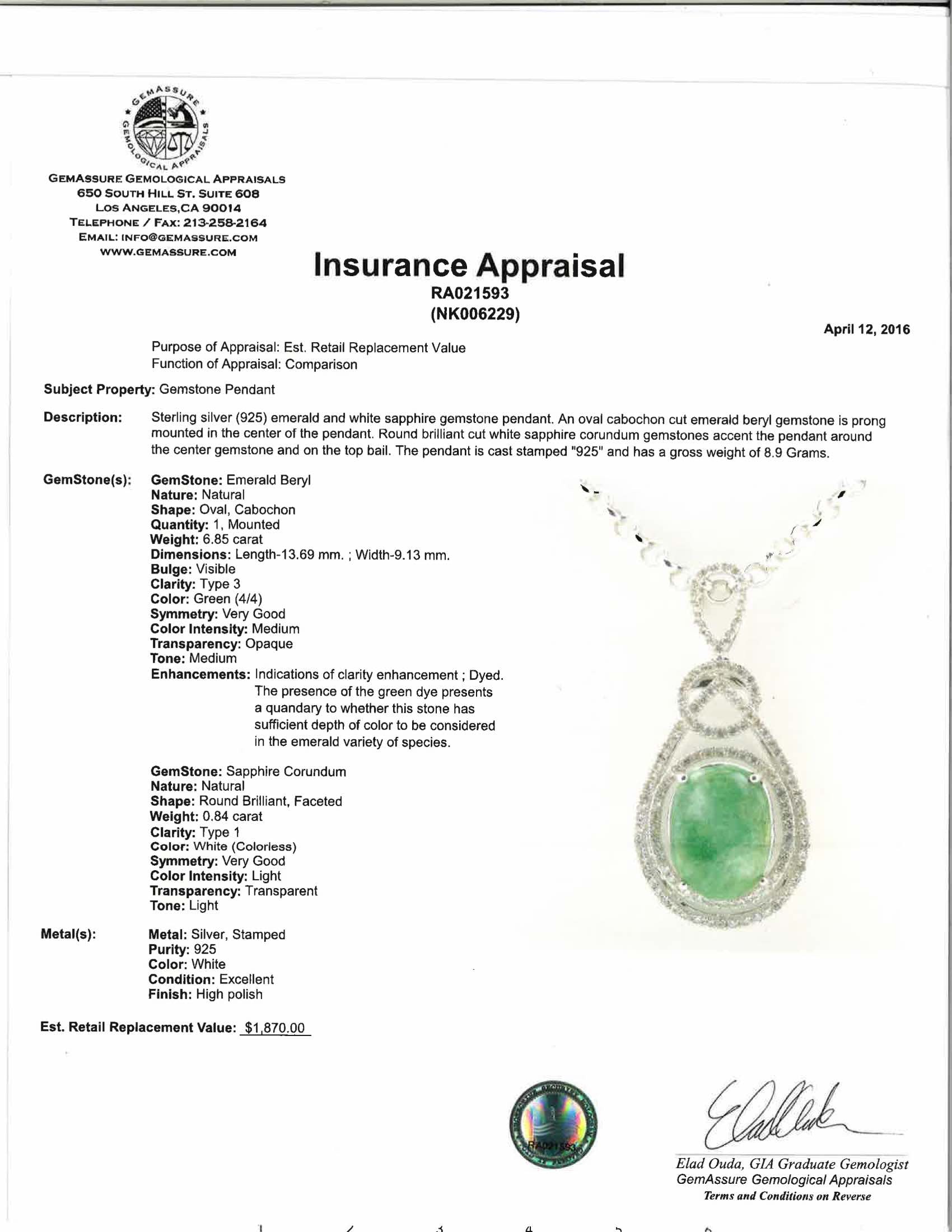 6.85ct Emerald and 0.84ctw Sapphire Pendant 18 Inch chain 925 silver