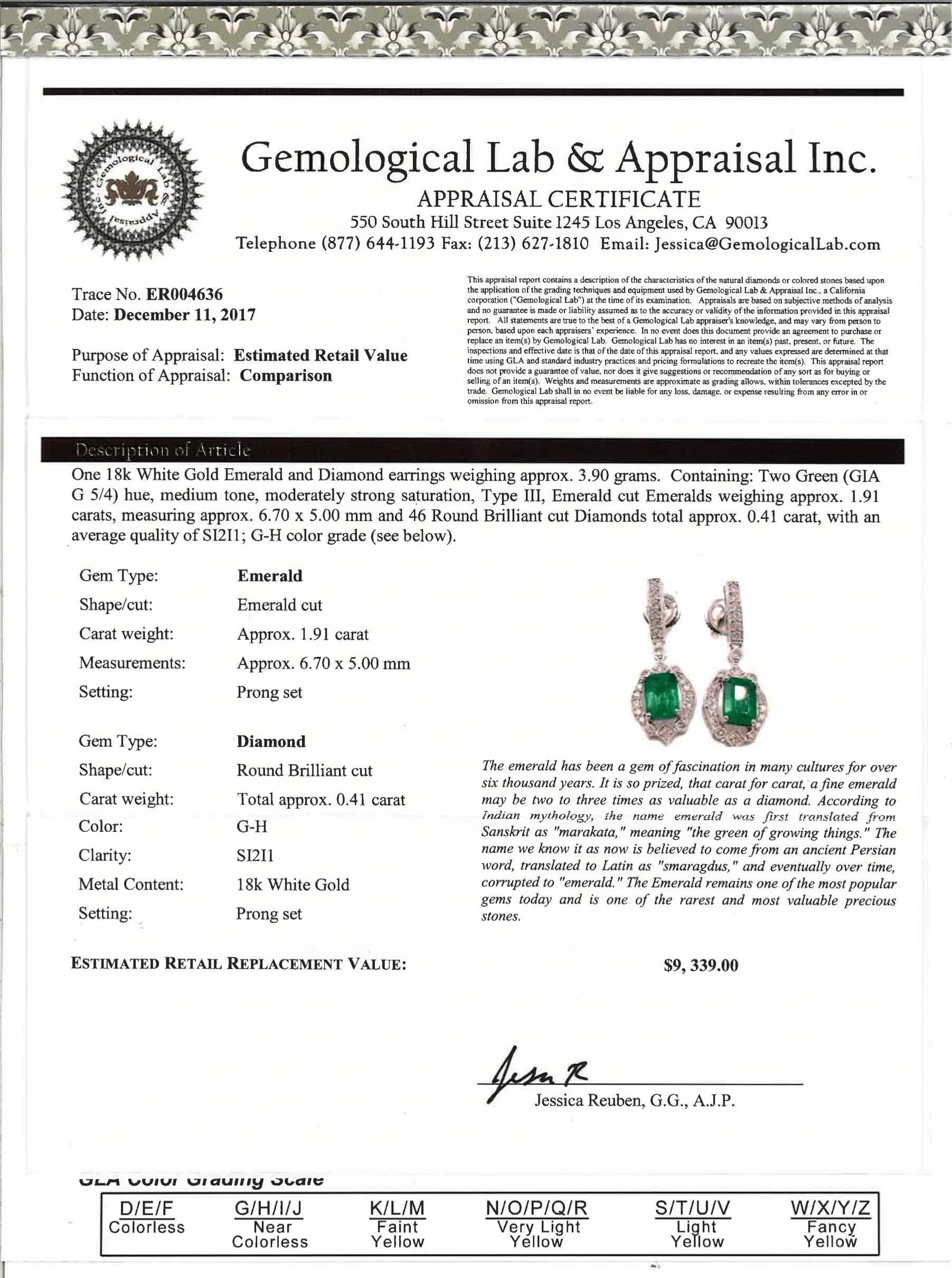 1.91ctw Natural Emerald and 0.45ctw Diamond 18K White Gold Earrings 3.90 gm