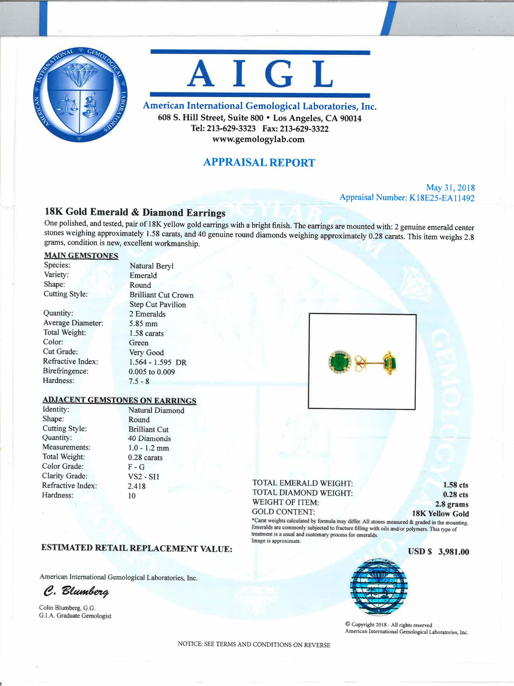 1.58ctw Natural Emerald and 0.28ctw Diamond Earrings on 18K yellow gold 2.8 gm