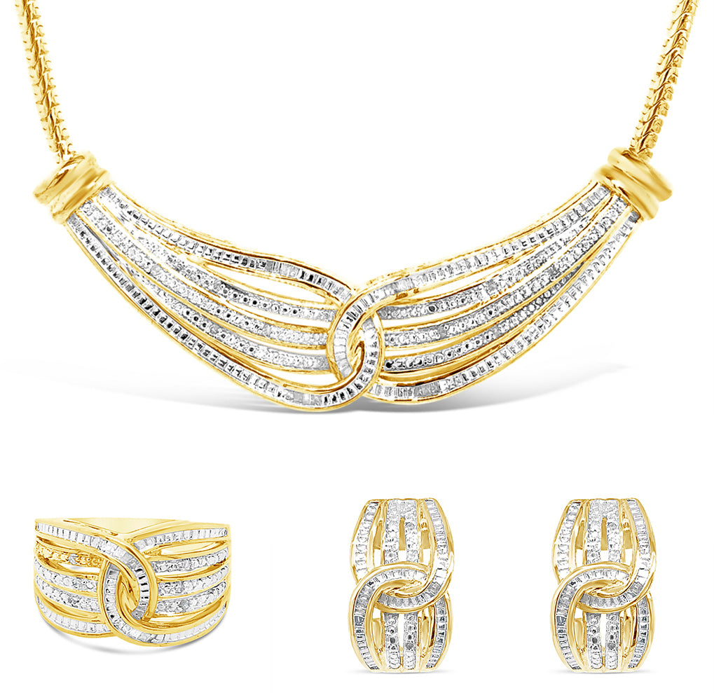Complete Set 14 yellow gold plated 2/5 CTW Diamond Necklace, Earrings and Ring