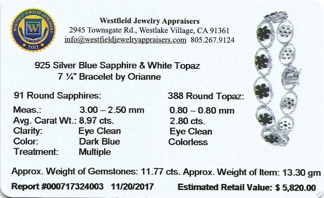 8.97ctw Blue Sapphire and 2.80ctw White Topaz Bracelet by Oriane