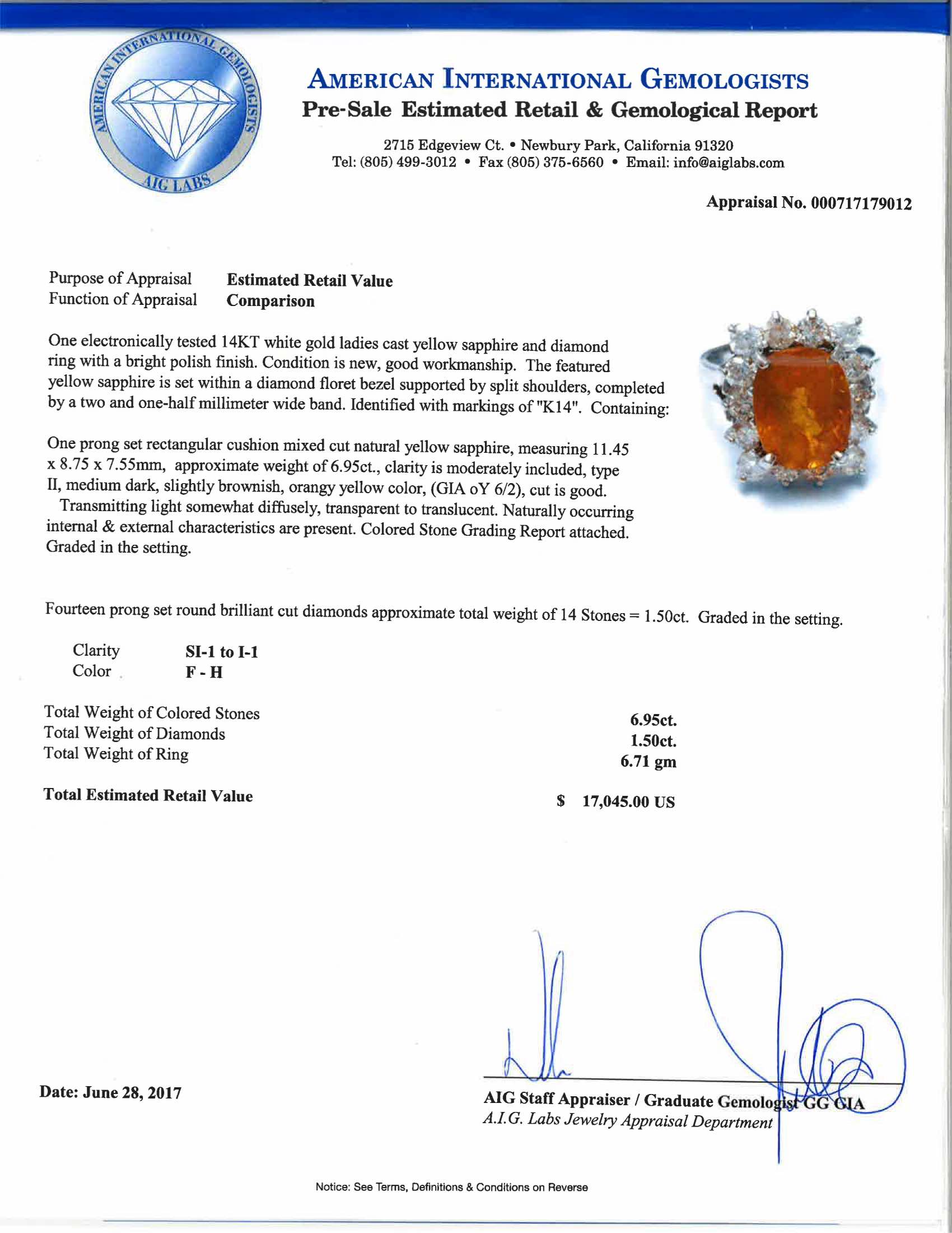 6.95ct Natural Yellow Sapphire and 1.50ctw and Diamond 14K White Gold Ring 6.71 gm